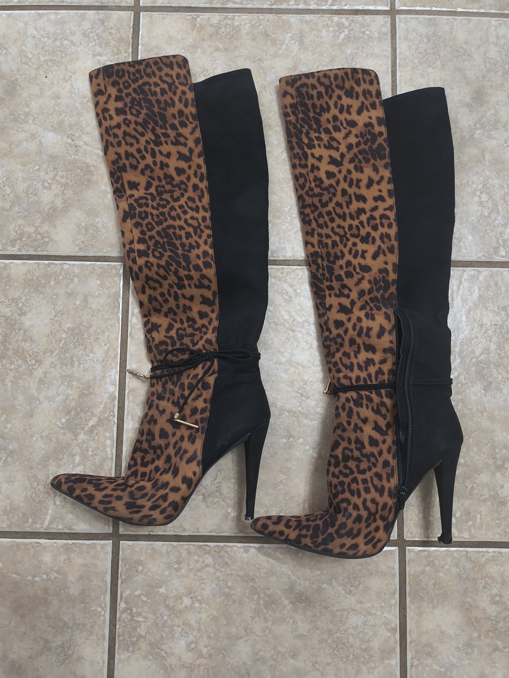 Glamorous Leopard Over-the-Knee Stiletto Boots - Black & Brown